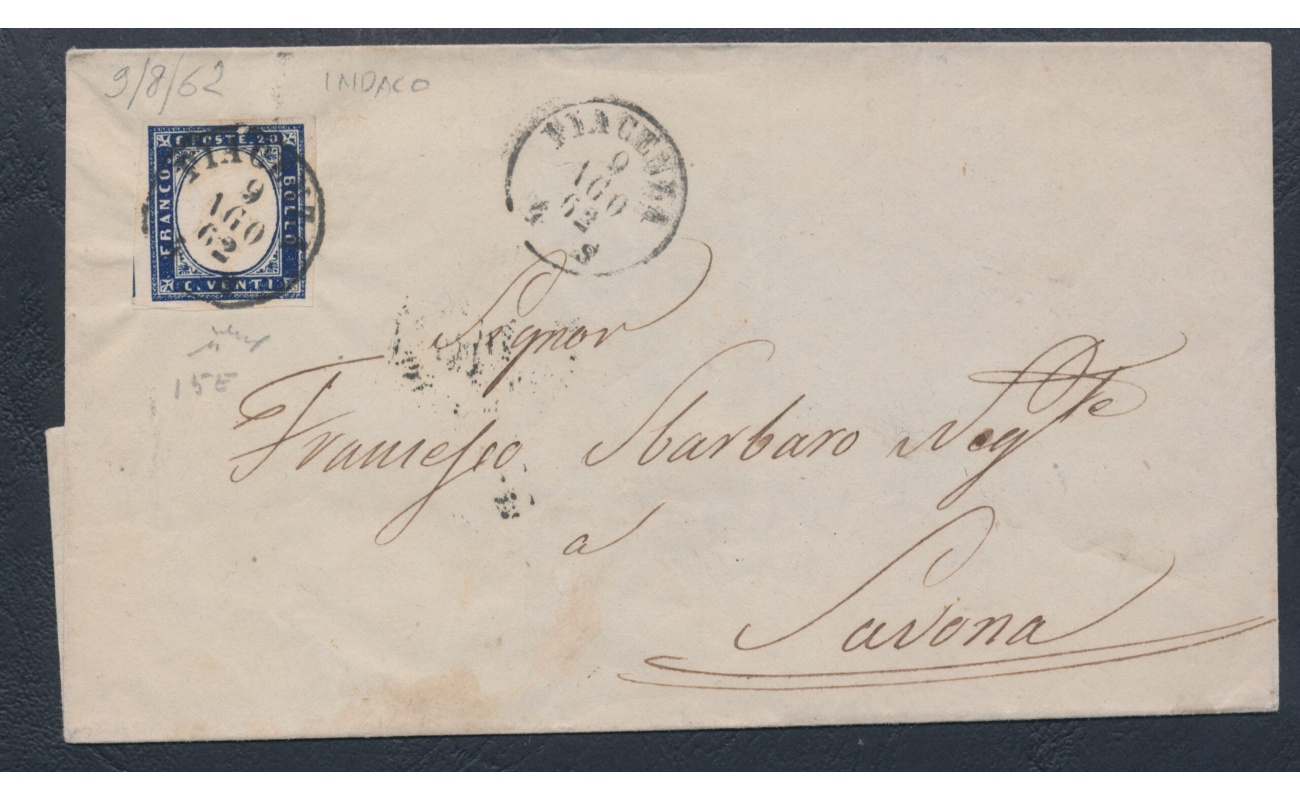 1862 SARDEGNA, 20 centesimi Indaco su lettera da Piacenza per Savona, tinta del 1862 - Firmata Chiavarello - Ampi Margini
