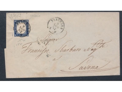 1862 SARDEGNA, 20 centesimi Indaco su lettera da Piacenza per Savona, tinta del 1862 - Firmata Chiavarello - Ampi Margini