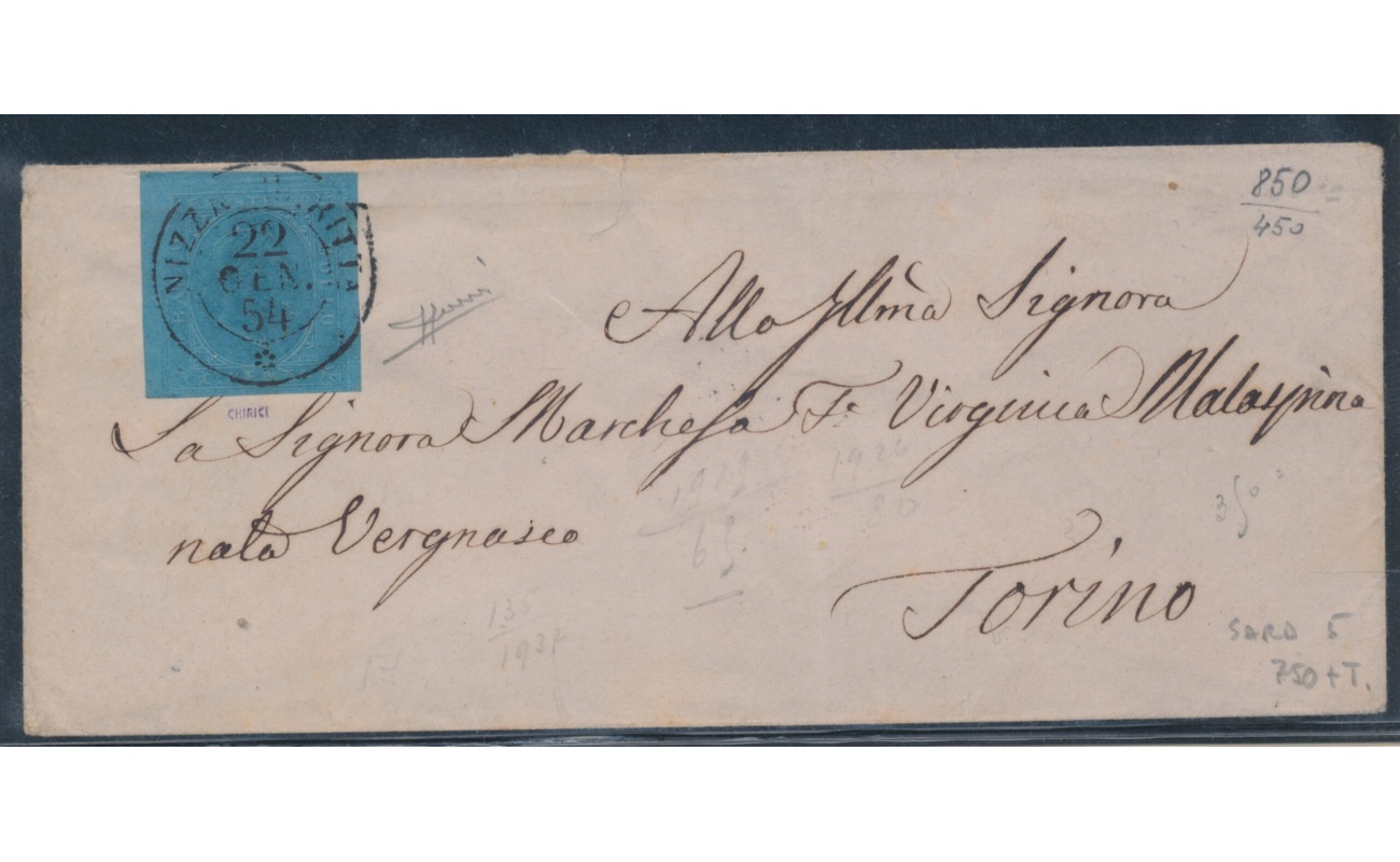 1853 SARDEGNA, 20 cent. Azzurro su lettera con annullo Nizza Marittima 22-01-1854- Firmata Sorani