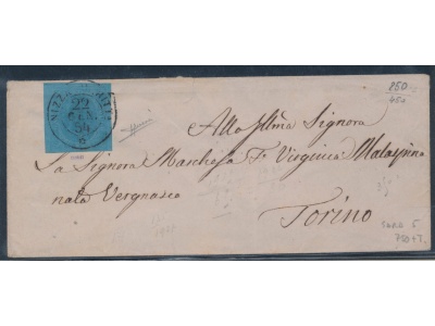 1853 SARDEGNA, 20 cent. Azzurro su lettera con annullo Nizza Marittima 22-01-1854- Firmata Sorani