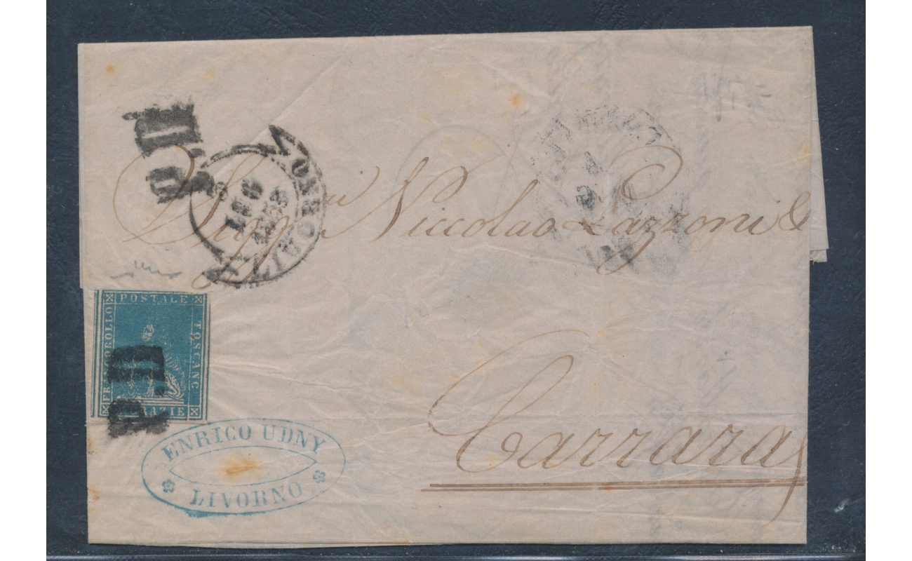 1857 TOSCANA, n° 13 , 2 crazie azzurro , da Livorno per Carrara del 3-07-1858 , Annullata P.D. , Firmata Chiavarello