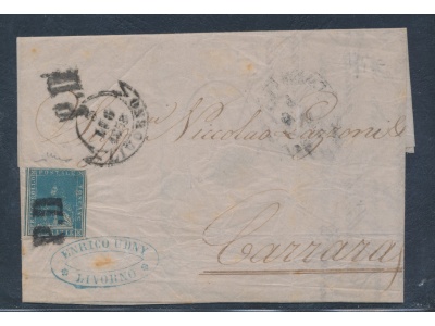 1857 TOSCANA, n° 13 , 2 crazie azzurro , da Livorno per Carrara del 3-07-1858 , Annullata P.D. , Firmata Chiavarello