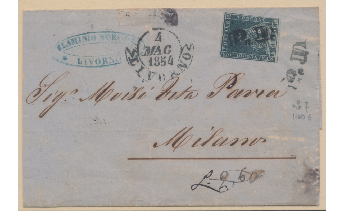 1851-52 TOSCANA, n° 7 - 6  crazia, ardesia su grigio, da Livorno per Milano , 4-05-1854