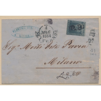 1851-52 TOSCANA, n° 7 - 6  crazia, ardesia su grigio, da Livorno per Milano , 4-05-1854