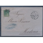 1857 TOSCANA, n° 14  4cr. verde azzurrino, Usato , su Busta da Pistoia per Modena del 21-02-1858 , annullato P.D.