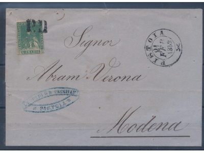 1857 TOSCANA, n° 14  4cr. verde azzurrino, Usato , su Busta da Pistoia per Modena del 21-02-1858 , annullato P.D.