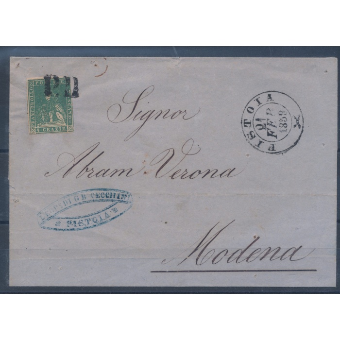 1857 TOSCANA, n° 14  4cr. verde azzurrino, Usato , su Busta da Pistoia per Modena del 21-02-1858 , annullato P.D.