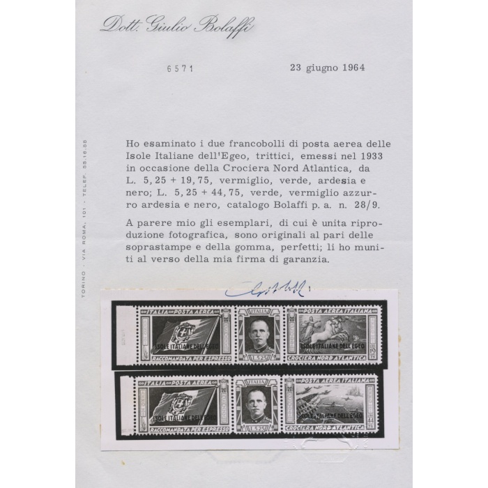 1933 EGEO, Posta Aerea - Trittici Balbo ,n° 28/29 Trittici MNH** Firma Bolaffi +Certificato