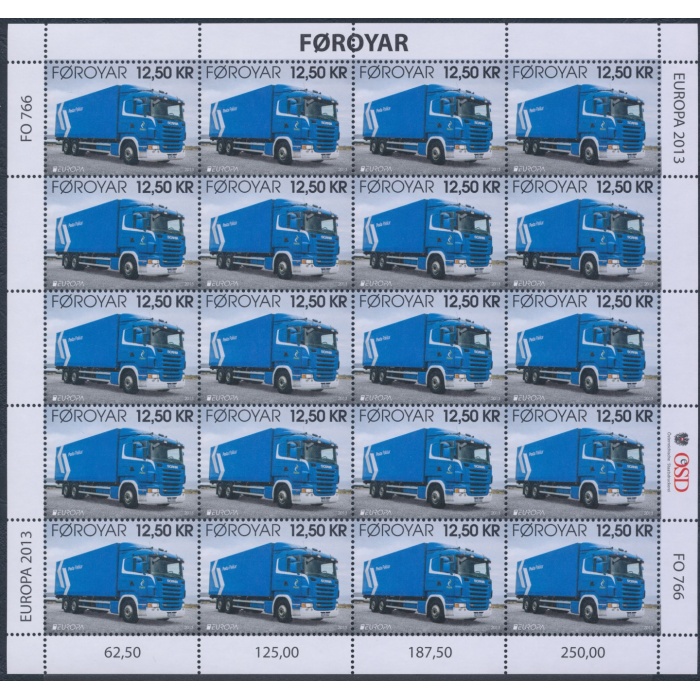 2013 EUROPA CEPT , FØROYAR , 2 Minifogli di 20 valori a, Veicoli Postali , MNH**