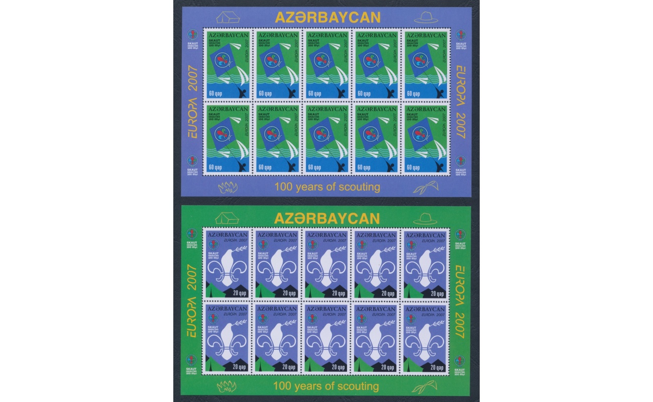 2007 EUROPA CEPT , Azerbaigian , 2 minifogli di 10 serie, 100 Anni di Scoutismo, MNH**