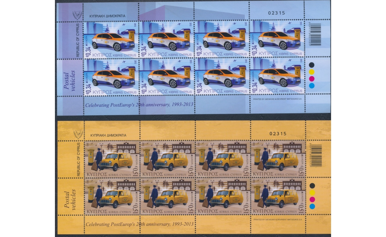 2013 EUROPA CEPT , Cipro , 2 Minifogli di 8 valori , Veicoli Postali , MNH**
