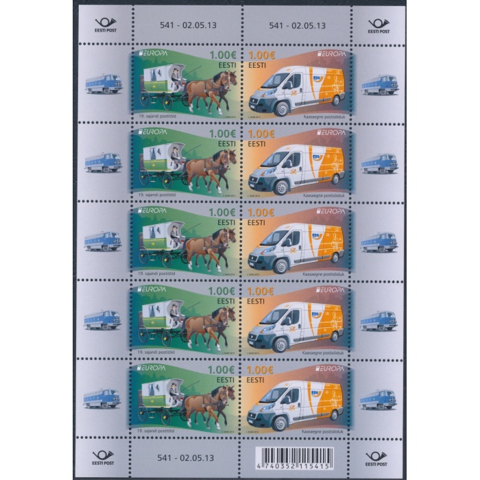 2013 EUROPA CEPT , Estonia , 1 Minifoglio di 5 valori in coppia, Veicoli Postali , MNH**