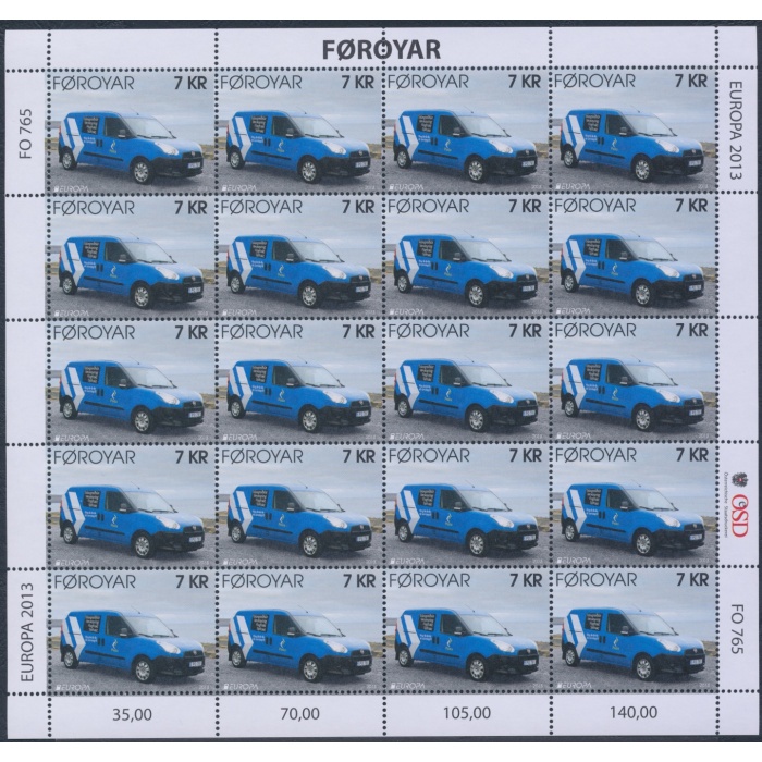 2013 EUROPA CEPT , FØROYAR , 2 Minifogli di 20 valori a, Veicoli Postali , MNH**