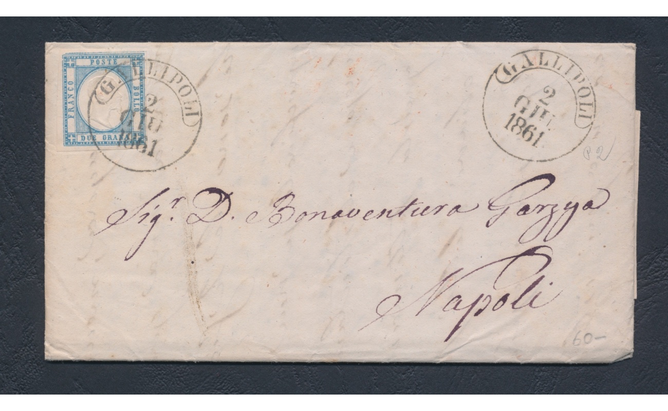 1861 PROVINCE NAPOLETANE, n° 20K ,2 grana AZZURRO CHIARO, Con filetto di inquadratura in alto , su bella busta , Ampi Margini