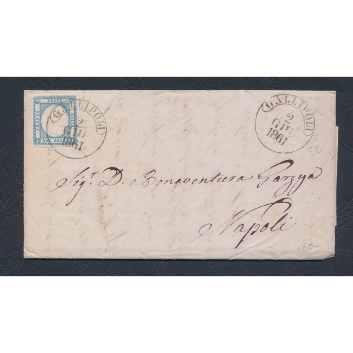 1861 PROVINCE NAPOLETANE, n° 20K ,2 grana AZZURRO CHIARO, Con filetto di inquadratura in alto , su bella busta , Ampi Margini
