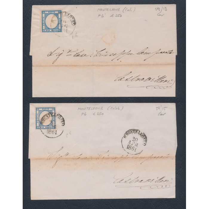 1861 PROVINCE NAPOLETANE, n° 20, 2 grana AZZURRO CHIARO, da Monteleone (6 Punti) per Castrovillari - 2 Buste con particolarità