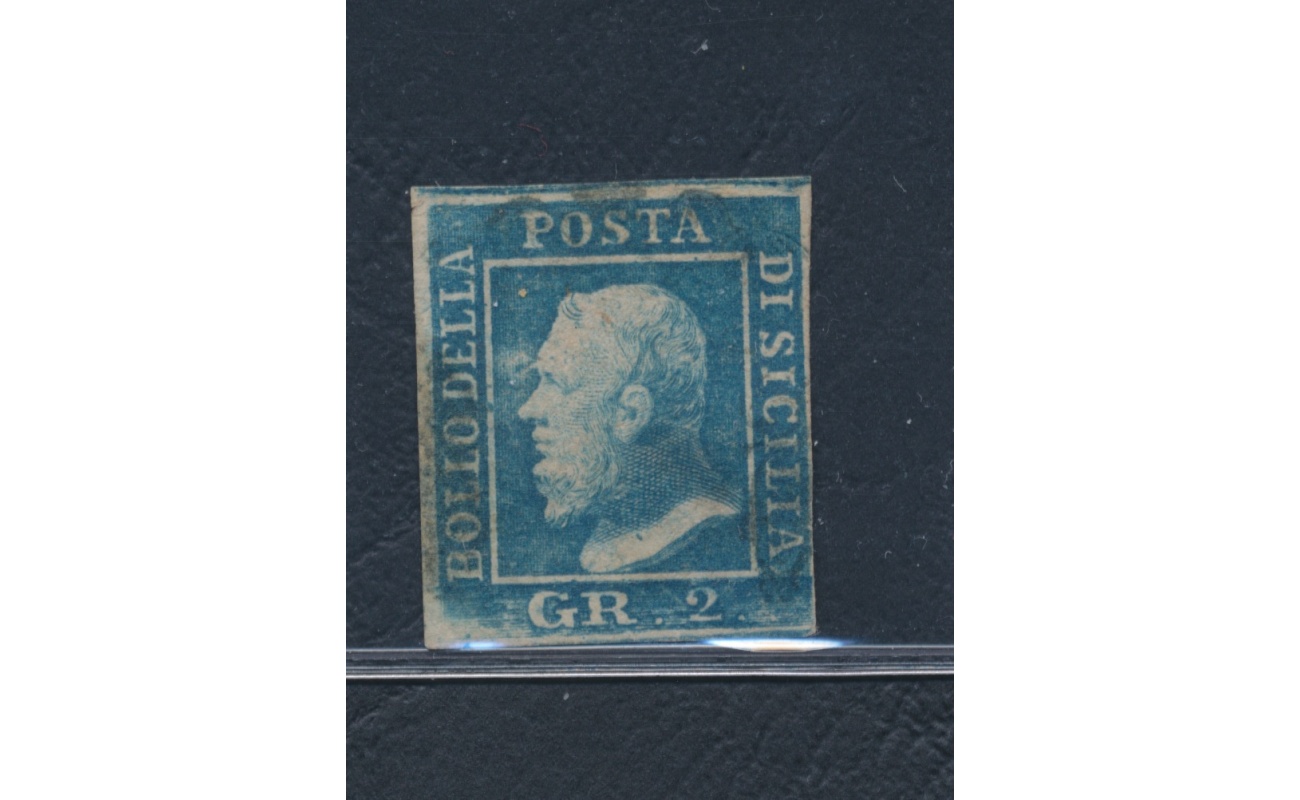 1859 SICILIA, n° 6 - 2 grana azzurro, I tavola , Ritocco n° 71 azzurro USATO - Firmato Sorani