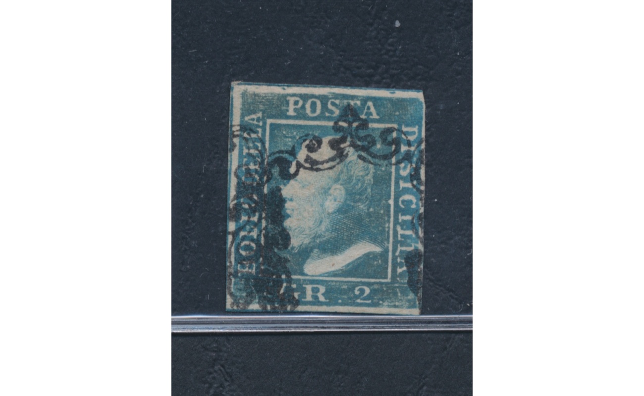 1859 SICILIA, n° 6 - 2 grana azzurro, I tavola , Ritocco n° 8 azzurro USATO - Firmato Sorani