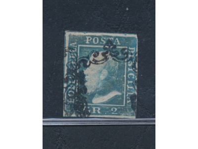1859 SICILIA, n° 6 - 2 grana azzurro, I tavola , Ritocco n° 8 azzurro USATO - Firmato Sorani