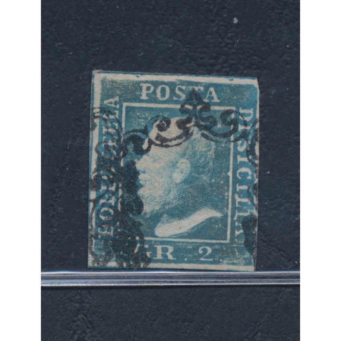 1859 SICILIA, n° 6 - 2 grana azzurro, I tavola , Ritocco n° 8 azzurro USATO - Firmato Sorani