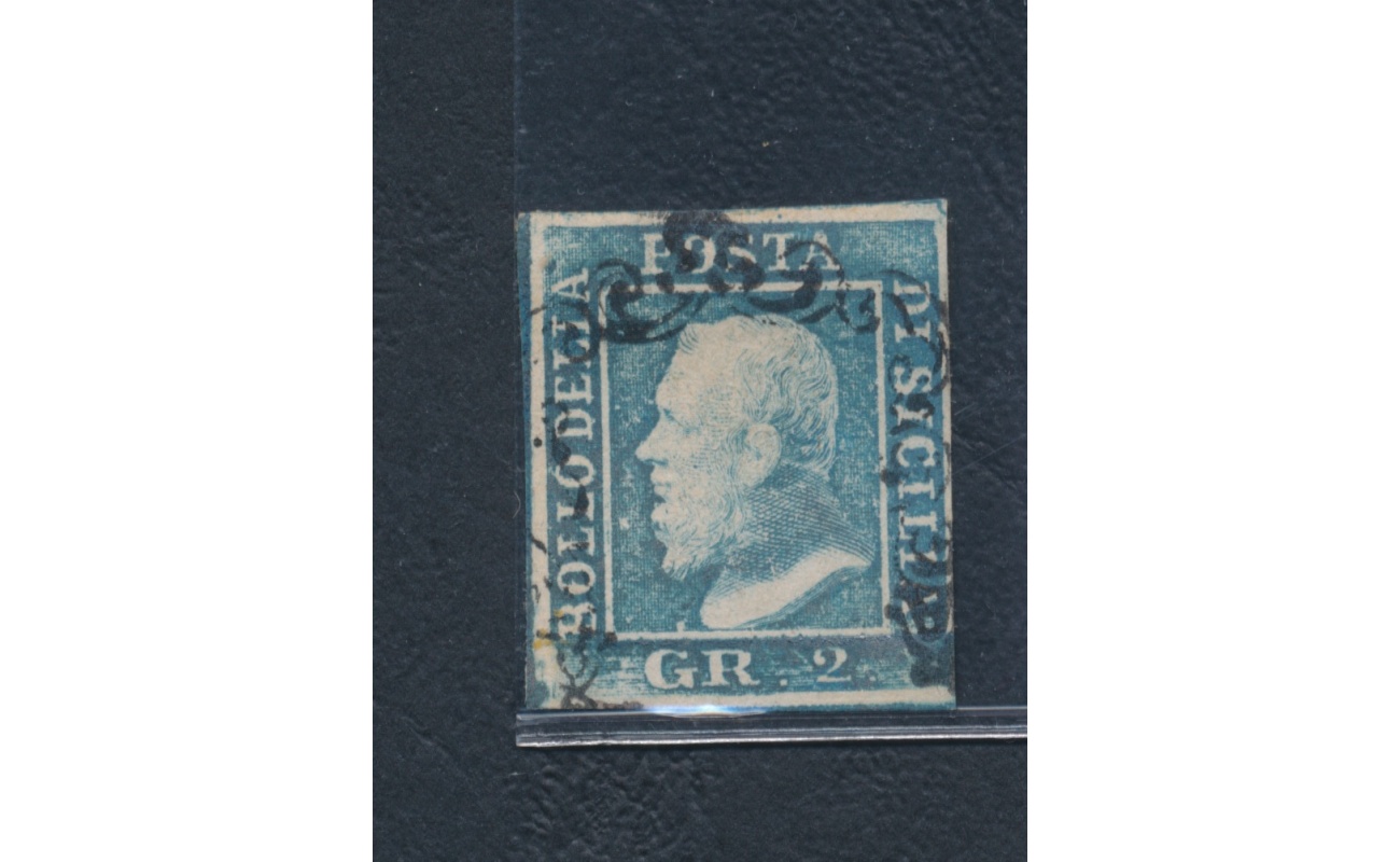 1859 SICILIA, n° 6 - 2 grana azzurro, I tavola , Ritocco n° 82 azzurro USATO - Firmato Sorani