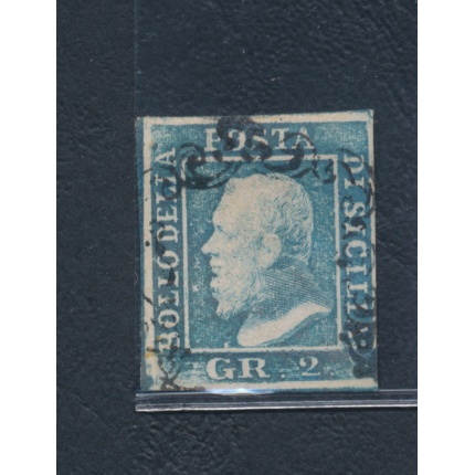 1859 SICILIA, n° 6 - 2 grana azzurro, I tavola , Ritocco n° 82 azzurro USATO - Firmato Sorani