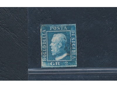 1859 SICILIA, n° 6 - 2 grana azzurro, I tavola , Ritocco n° 92 azzurro USATO - Firmato Sorani