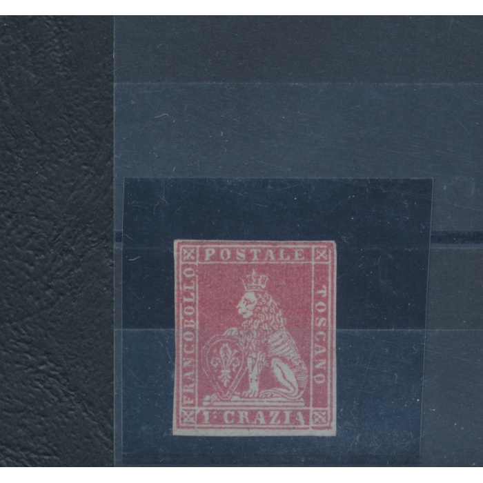 1851-52 Toscana, n° 4 - 1 crazia carminio chiaro su Grigio, Nuovo Senza Gomma S.G. , Firmato Vaccari