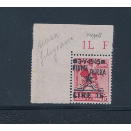 1945 Fiume , Occupazione Jugoslava , 16 Lire su 75 cent rosa carminio , senza filigrana Certificato Caffaz, MNH** Angolo Foglio