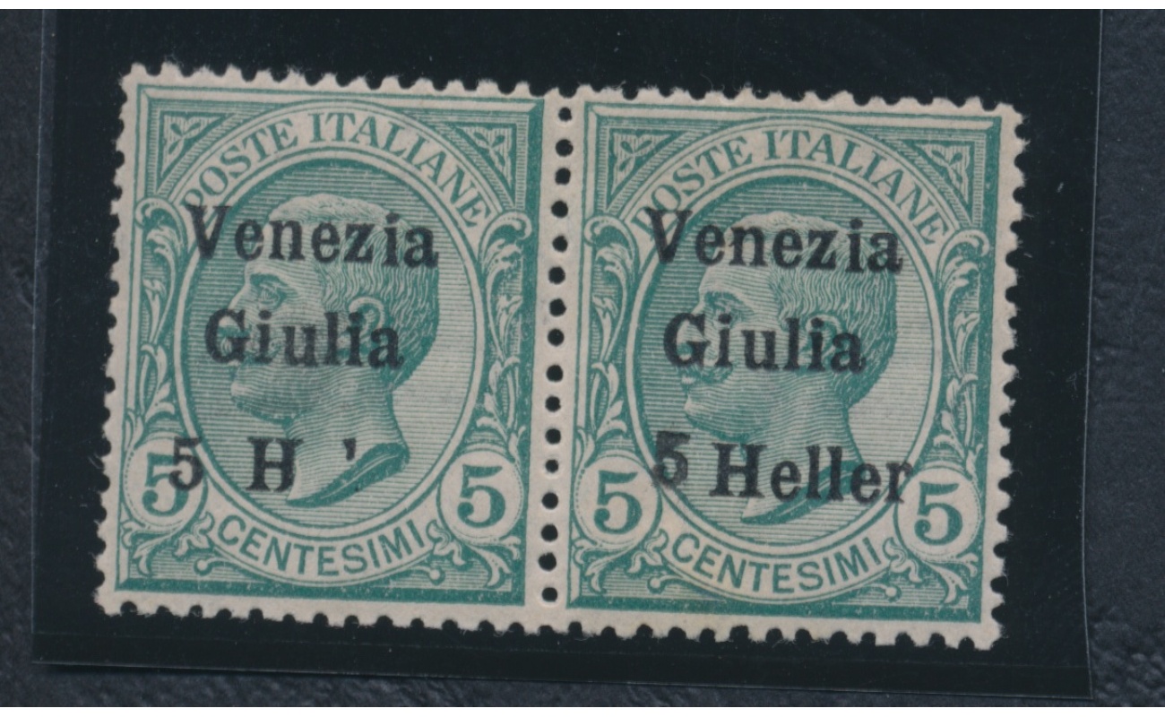 1918 VENEZIA GIULIA, n° 30ed in coppia con il normale , Varietà 5 H invece di 5 Heller, Molto Interessante MNH** Firmato A.Diena