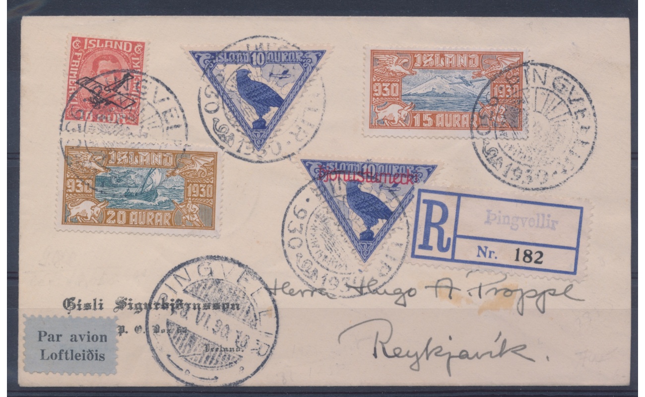 1930 Islanda - Lettera da Thingvellir a Reykjavik, Poste Aeree A1/3/4/5 + s 58a , MOLTO interessante