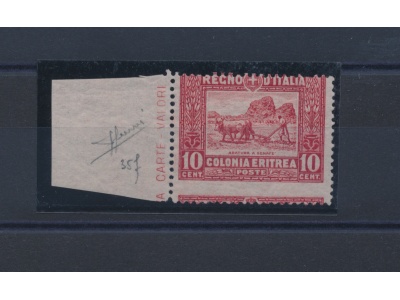 1910-14 ERITREA , Soggetti Africani , 10 cent rosso dentellatura fortemente spostata in alto , n° 35cb , MNH** Firmato Sorani