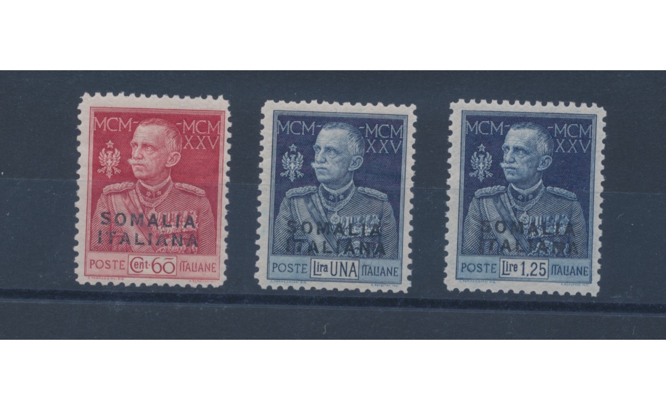1925-26 SOMALIA - n° 67/69 ,  Giubileo del Re , 3 valori ,  dentellati 11 , Certificato Cilio + Firme al verso - MNH**