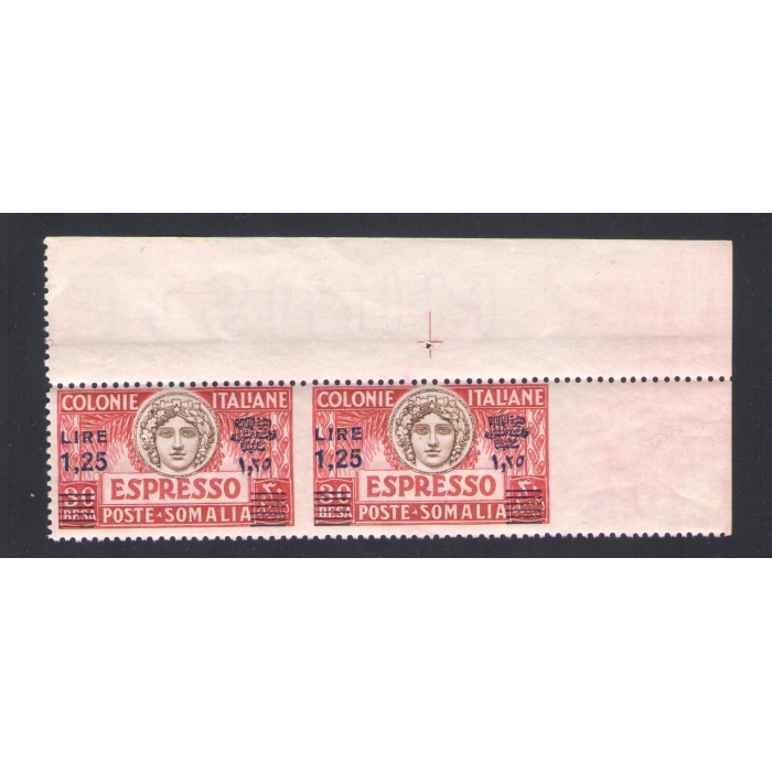 1927 Somalia , Espressi , n° 7e , Lire 1,25 su 30 besa , rosso bruno in coppia non dentellato al centro e a destra ,  MNH** Angolo di Foglio !!!