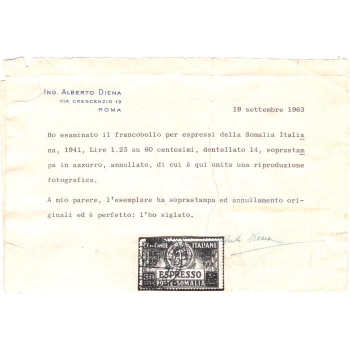 1940 Somalia , Espresso , n° 8 , Lire 1,25 su 30 besa , rosso e bruno , USATO - Certificato Storico Alberto Diena