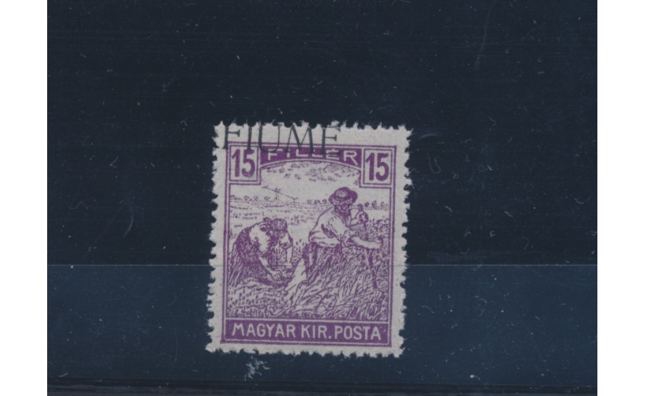 1918 Fiume, n° 9f , 15f. violetto , Mietitore e Veduta , Soprastampa Fortemente spostata in alto  , MNH**