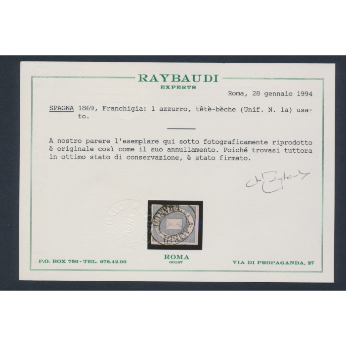 1869 SPAGNA ,ESPANA ,SPAIN,  Franchigia n° 1 azzurro , Usato , Certificato Raybaudi.