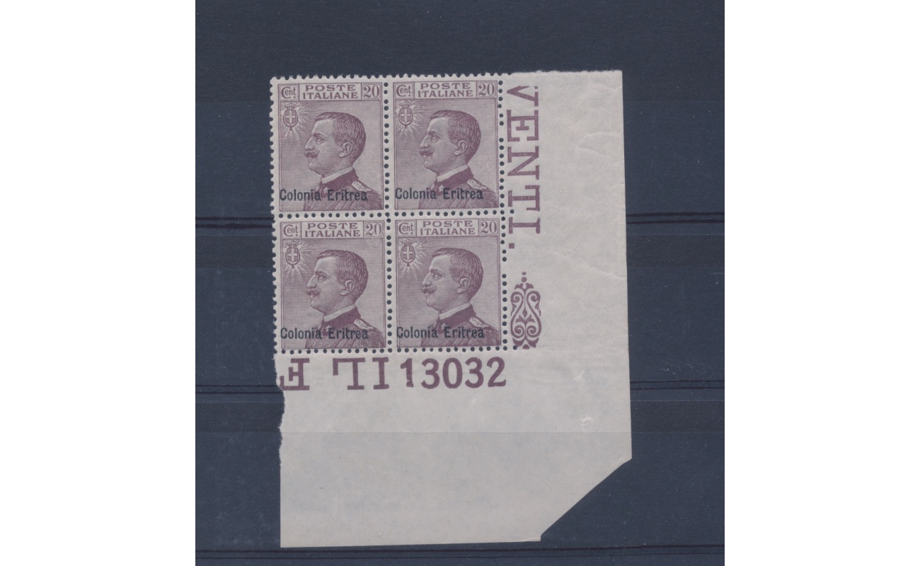 1928-29, n° 123 - Michetti soprastampato colonia Eritrea , Angolo di foglio con numero di Tavola,  MNH**