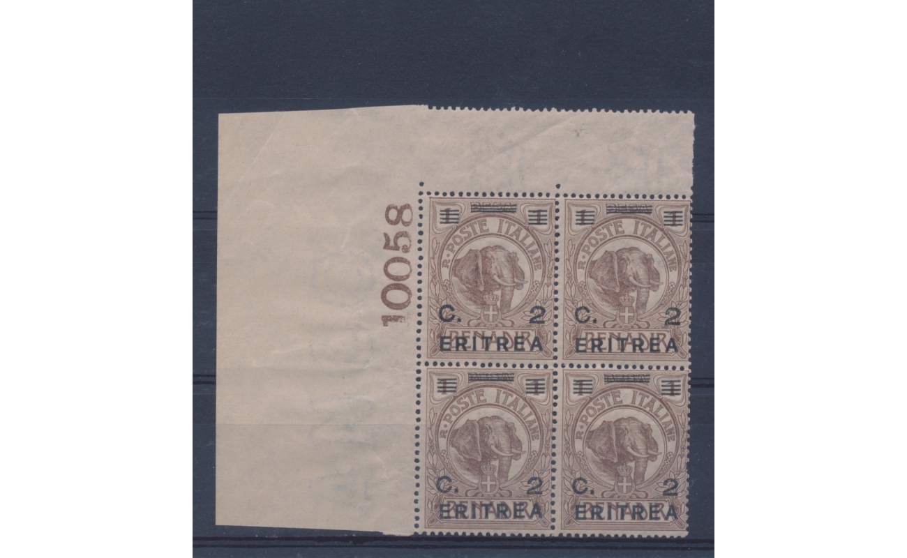 1928-29 Eritrea, n° 54 - Francobolli soprastampati Eritrea , Angolo di foglio con numero di Tavola,  MNH**