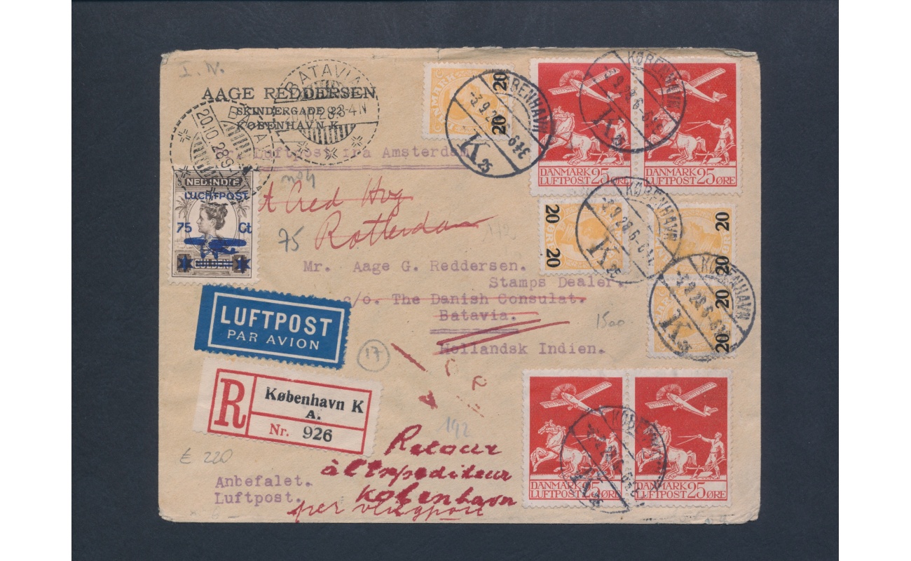 1928 Danimarca - Lettera da Copenaghen per le Indie Olandesi, Affrancatura mista con francobollo delle Indie Olandesi , Interessante