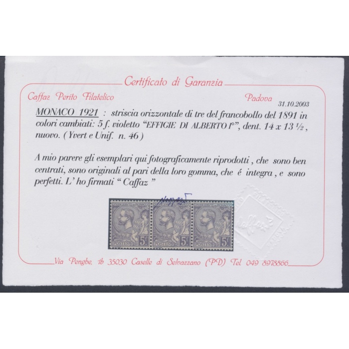 1921 MONACO , n° 46 - 5 Franchi Violetto , Ottimamente Centrato , Firmato Caffaz , MNH** (Certificato Caffaz)
