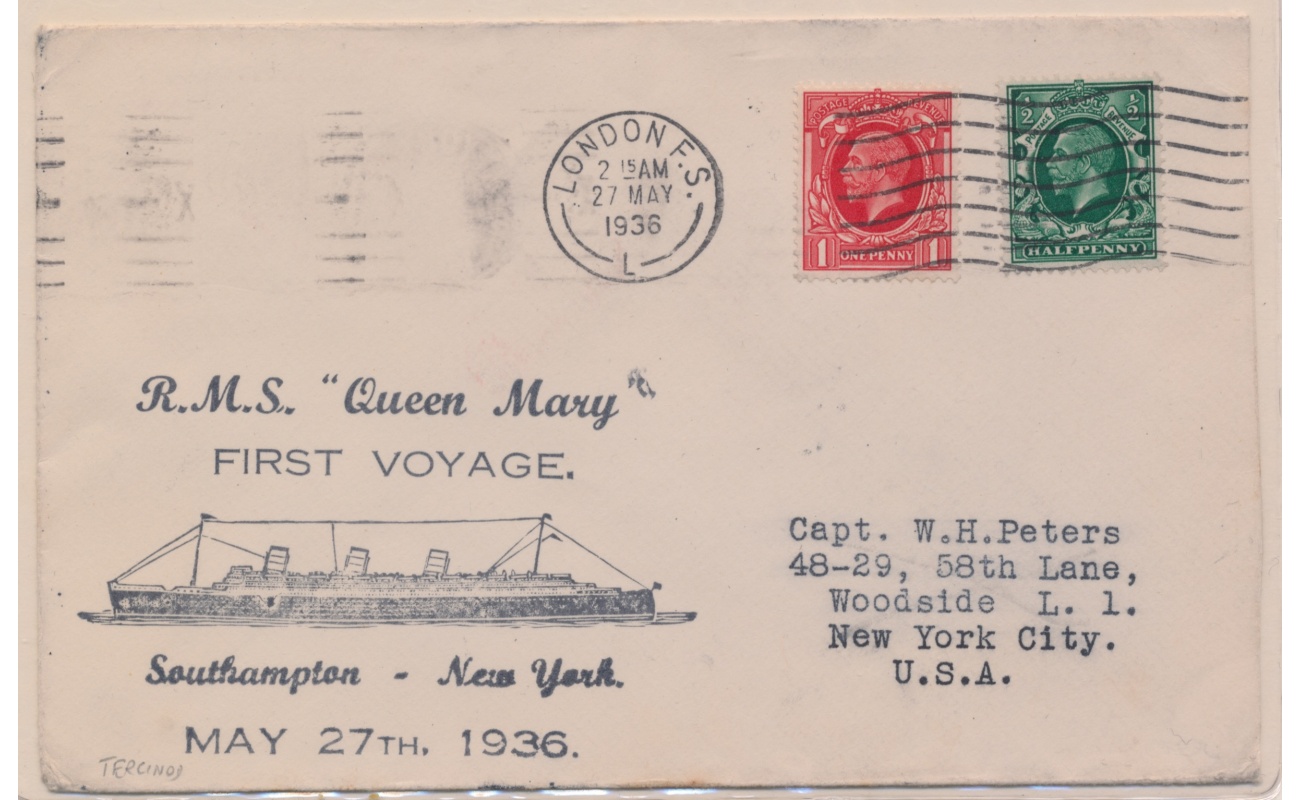 1936 Gran Bretagna , "Queen Mary" Primo Viaggio , Southampton - New York e ritorno via Aerea per Isola di Man