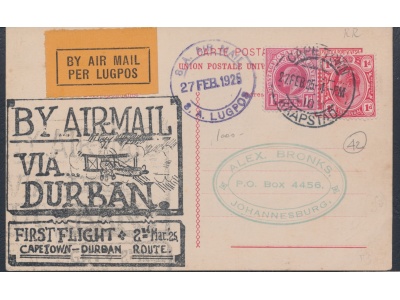 1925 Sud Africa - Posta aerea - Primo Volo Capetown - Durban - Muller n° 14
