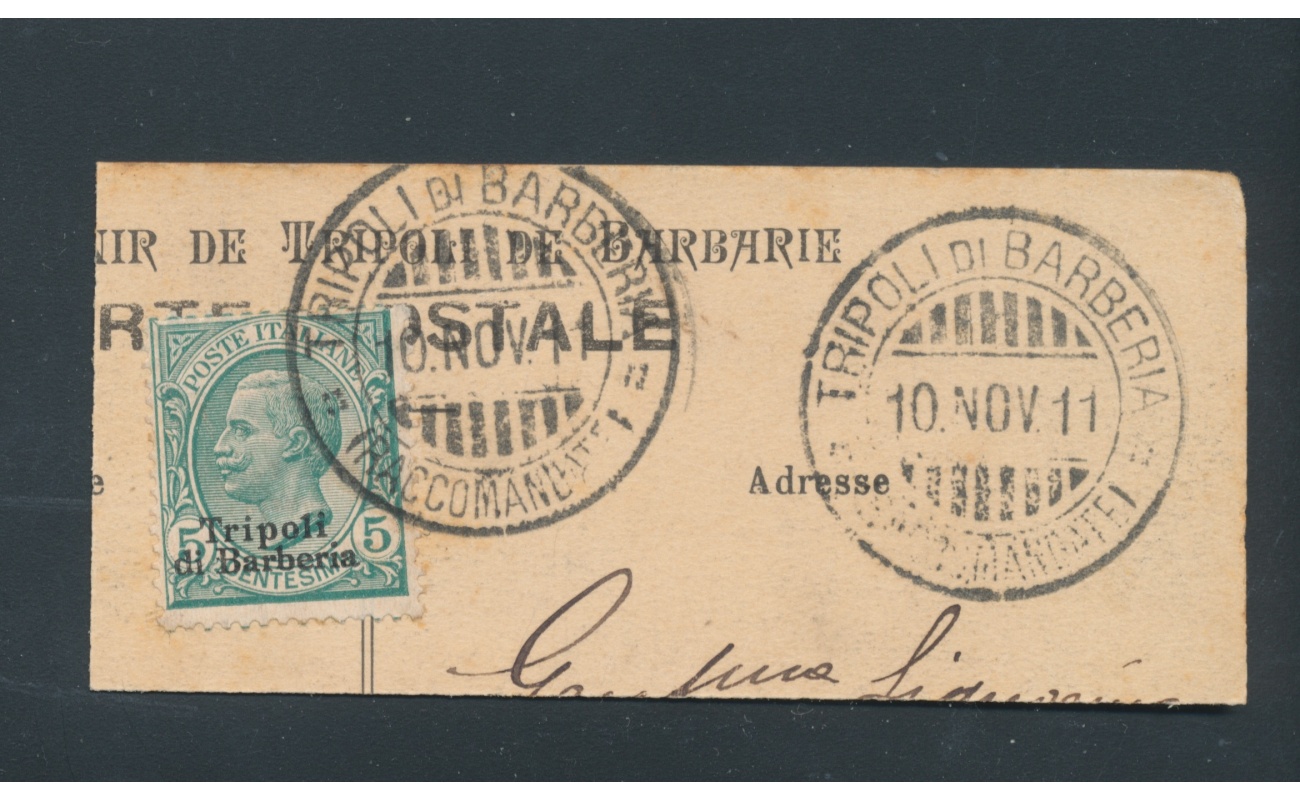 1911 Tripoli di Barberia, Bel frammento di cartolina , 5 cent verde usato il 10-11-1911 , USATO