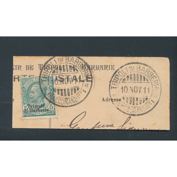 1911 Tripoli di Barberia, Bel frammento di cartolina , 5 cent verde usato il 10-11-1911 , USATO