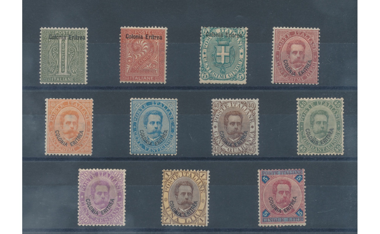 1893 ERITREA , Re Umberto I° Soprastampati "Colonia Eritrea" , n° 1/11 , 25 cent azzurro centratissimo , MLH* firme Diena/Oliva