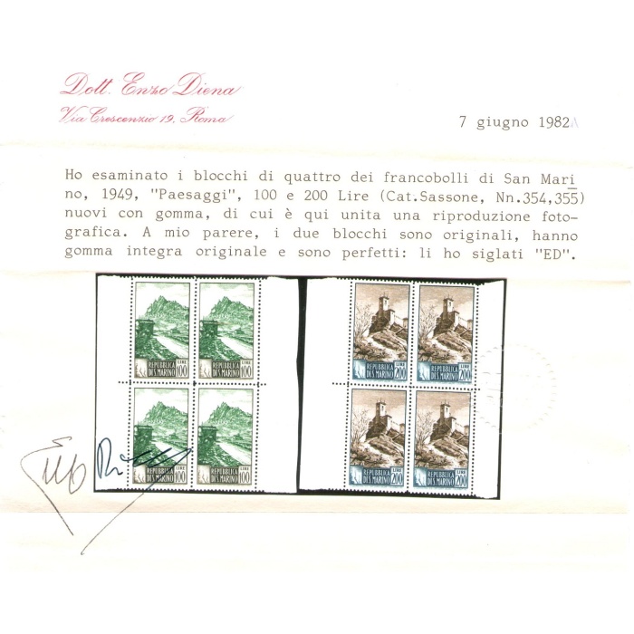 1949 SAN MARINO, Serie Paesaggi , n° 342/355 ,16 valori in Splendidi Blocchi di Quattro, Comprensivi dei 2 valori complementari , MNH**