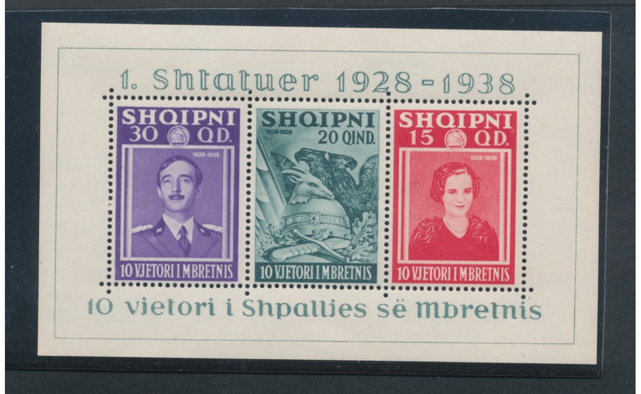 1938 ALBANIA -   10° Anniversario Regno Re Zogu I , Foglietto n. 3 ,  MNH**