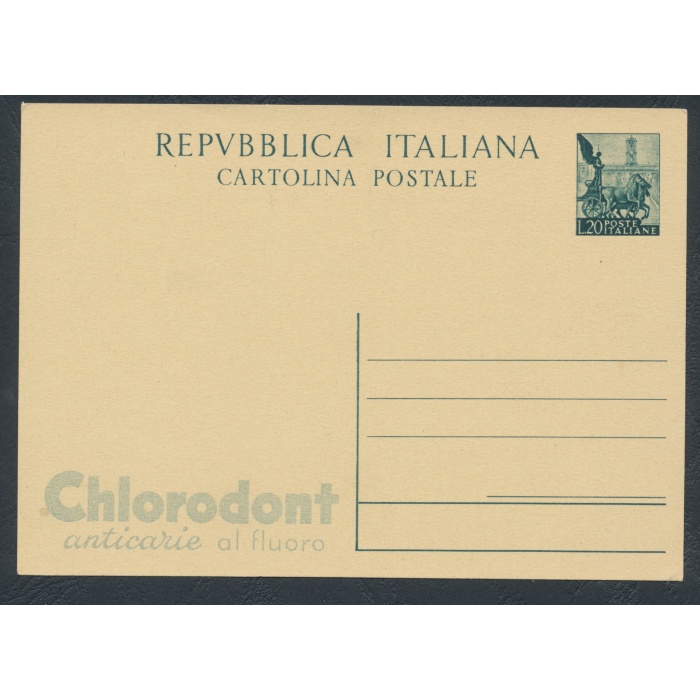 1951 Repubblica - C 143 - R9/2 - Quadriga , Cartolina Postale , L 20 verde scuro , Chlorodont - Nuovo