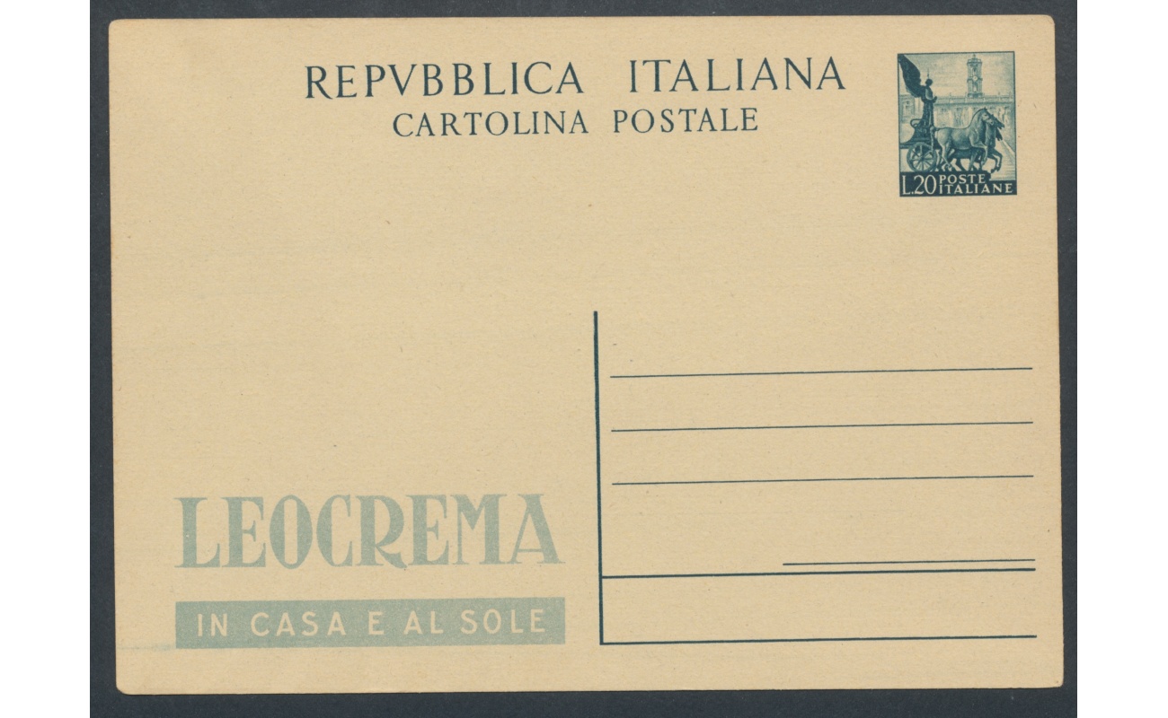 1951 Repubblica - C 143 - R9/3 - Quadriga , Cartolina Postale , L 20 verde scuro , Leocrema - Nuovo